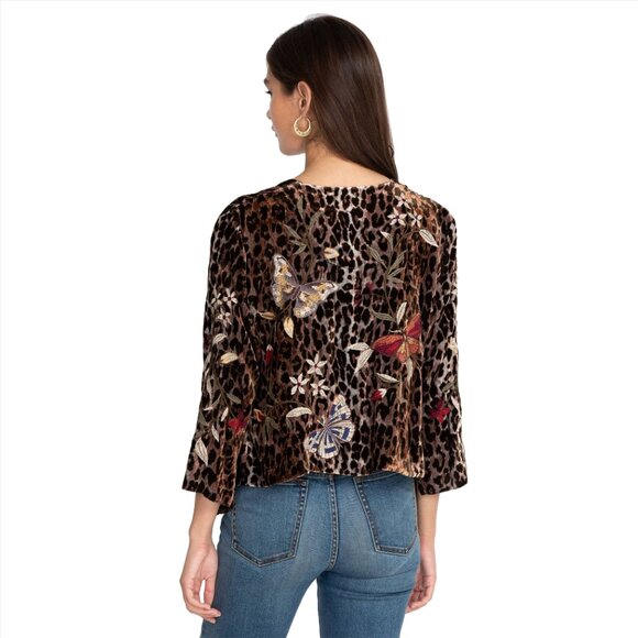 Johnny Was Penelope Velvet Bolero Leopard Embroidery Brown Jacket Shirt XL NEW - Picture 2 of 11